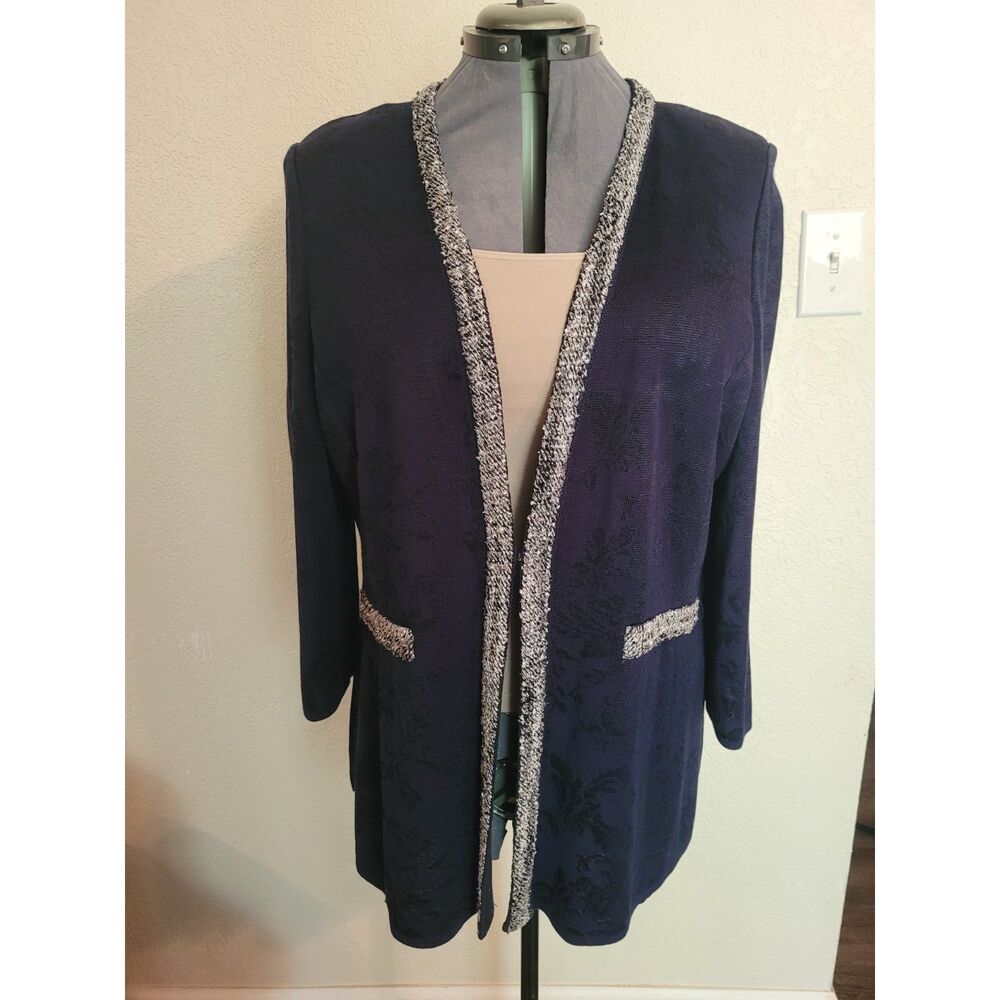 Misook Navy Blue Jacquard Knit Jacket Size Large Textured Trim Single Clasp